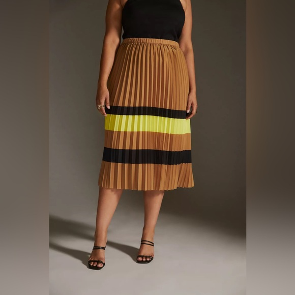 Anthropologie Maeve Tan Yellow Pleated Stripe Midi Skirt Womens Size M - Picture 2 of 11